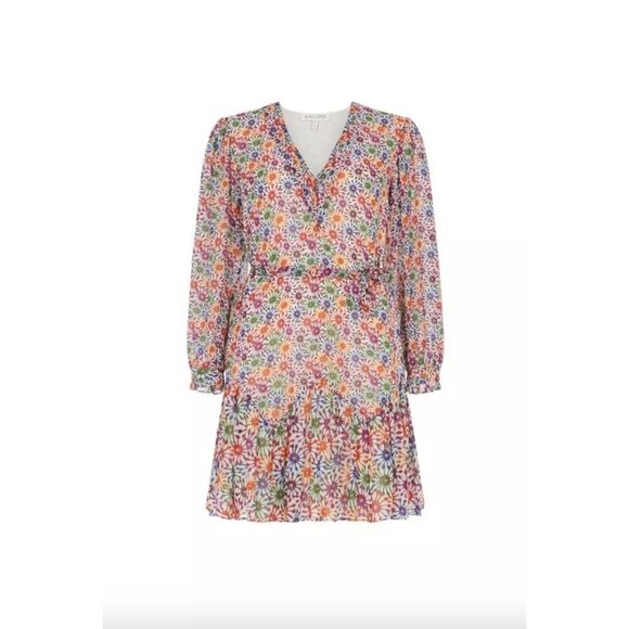 Saloni Franca Silk Floral Print Mini Wrap Dress Red Cream Womens Size 6 - Picture 13 of 13